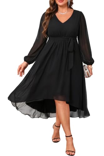 Image of Plus Size Dresses Wedding Guest Formal Chiffon Short Sleeve High Low Dress
