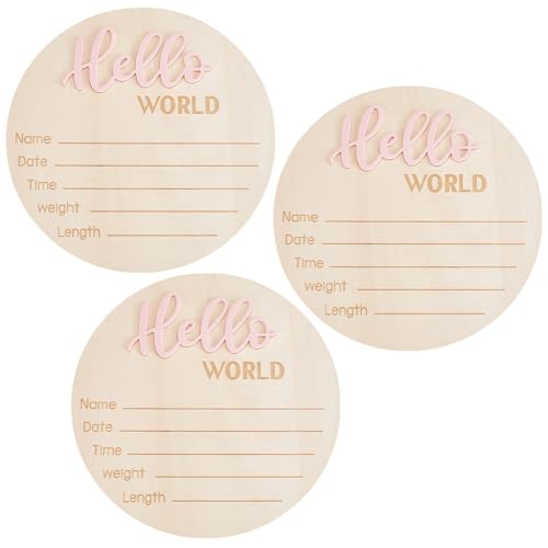 Image of 3Pcs Hello World Newborn Welcome Board 5.9Inches Newborn Announcement Sign Wooden Stat Plaque Souvenir and Gifts Pink for New parents Home Hospital Nursary Decoration