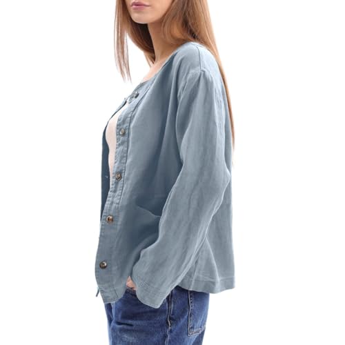 Image of Amazhiyu Women's 100% Linen Long Sleeve Button Up Crew Neck Lightweight Cardigan