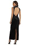 Capuffy Women's Bodycon Sleeveless Split Evening Maxi Dress Velvet Backless Ruched Cocktail Party Dress 72091 (Small, Black)