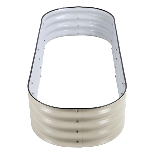 Raised Garden Bed with Metal Planter Box, Oval Round Raised Bed Kit for Gardening with Protective Tape, Gloves for Vegetables, Flower. Easy to DIY and, for backyards, (Ivory
