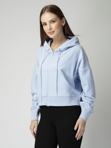 Image of Casual Wear Solid Crop Zipper Jacket Hooded Neck Full Sleeves with Kangaroo Pocket Hoodie for Women