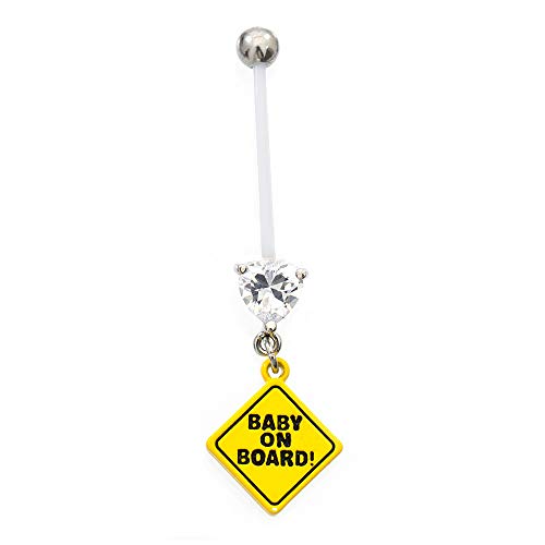 Luxe Modz Navel Ring Perfect for Pregnancy Period with Baby on Board Sign with CZ Gems 14g