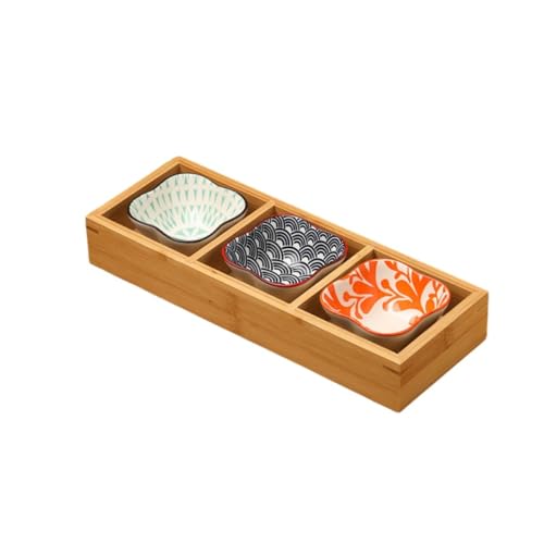 MiluFox小皿セット 和風 前菜皿 深型 盛り鉢 9点セット 陶器付き 仕切り竹トレイ付き 醤油皿 小鉢 和食器 天然木 セラミック 火鍋 焼肉 寿司 食洗機対応 調理器具 (【3格+3?】b)