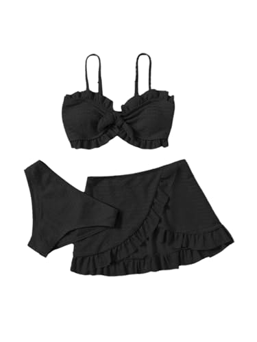 Image of SHENHE Girl's 3 Piece Cute High Waisted Ruffle Trim Swimsuit Bikini Sets with Beach Skirt