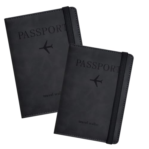 Image of PU Leather Passport Holder Travel Wallet Organiser for Men & Women | 4 Card Slots 2 SIM Slots Money Case | Travel Document Case Cover Passport Pouch Slim Unisex Gift - (Pack of 2) Black