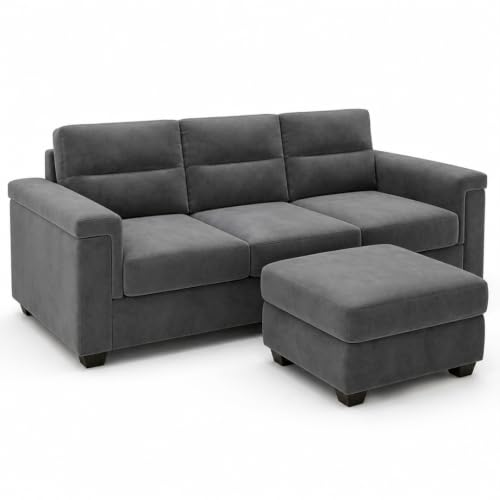 Image of FURNY Parker 3 Seater Sofa Set with Ottoman | Premium Suede Velvet Fabric Finish | Durable Comfort Sofa for Modern Living Room & Office Spaces (Dark Gray)