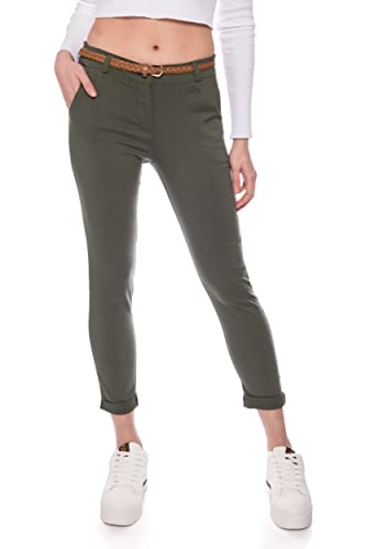 Kendindza Chino Damen Hose Stretch mit Gürtel Stoffhose Damen elegant lang (L, Khaki)