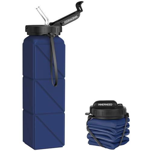 INNERNEED Collapsible Drinking Water Bottle with Straw, Reuseable Leakproof BPA Free Silicone Foldable Sports Gym Bottle, with Carrying Strap (1pack, Dark Blue)