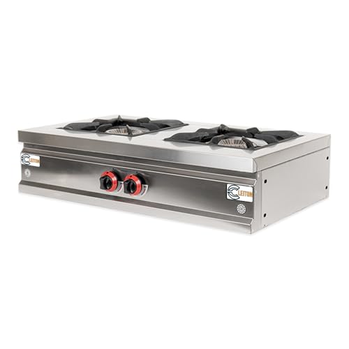 Cleiton® Cocina Industrial a Gas 2 Fuegos de 90x50 cm Sobremesa Horizontal de Acero Inox con Regulador de Fuego y Termopar | Hornillo de Gas Butano para Bares y Restaurantes