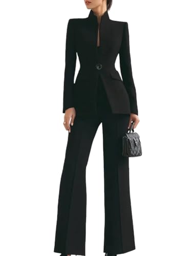 Minetom Tailleur Femme Ensemble Pantalon 2 Pièces Elegant Manche Longue Blazer Veste Formel Bureau Travail Costume Outfit A Noir XL