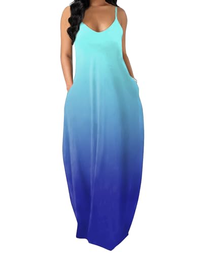 OFEEFAN Maxi Dress for Women Floor Length Summer Dresses Beach Vacation Gradient Blue L