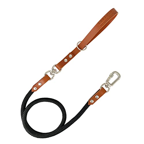 Correa Perro Adiestramiento. Correa con Asa de Cuero para Perros Pequeños, Medianos y Grandes. Correa Antitirones de Nylon Redonda. Hecho en España. 120cm. Coñac&Negro Cover