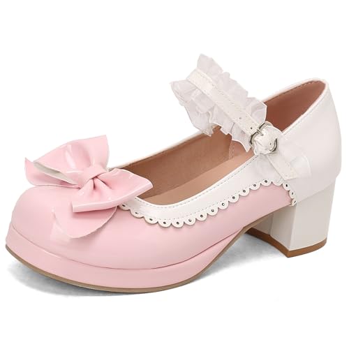 LUXMAX Women Cute Mary Janes with Bow Chunky Heel Kawaii Shoes Sweet Lolita Shoes Mid Heel Cosplay Pumps