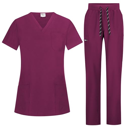 B-well Bella Uniformes Sanitarios Mujer | Casacas Sanitarias Mujer y Pantalón | Pijama Sanitario Mujer | Uniforme Enfermera, Vino, M