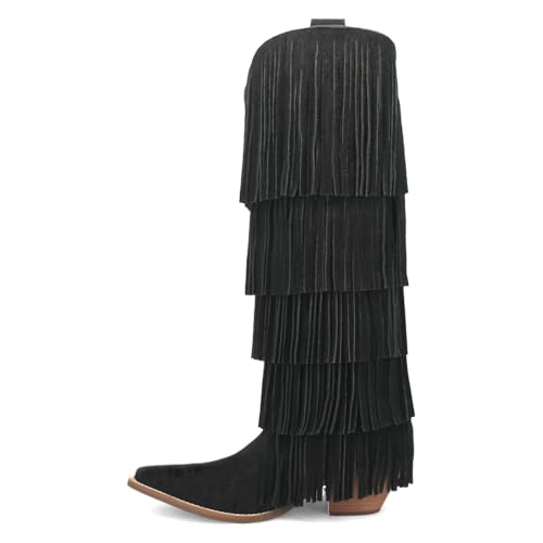 Dingo Womens Wild Child Fringe Snip Toe Pull On Casual Boots Over the Knee Mid Heel 2-3" - Black3