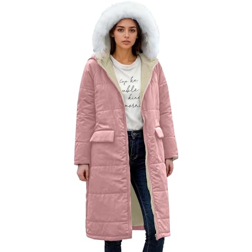 Abrigo con capucha reversible de manga larga con ribete de adorno y cremallera de doble cara para clima frío, Rosa claro., S