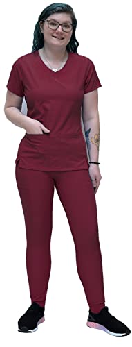 ANGIE UNIFORMS YOGAFLEX Stretch KNIT PANEL Top and Yoga Jogger Scrub Pants. Soft & Stretchy Jogger Scrub Set (WINE, M)