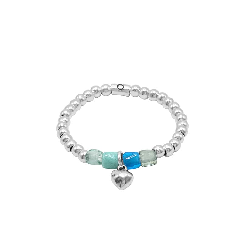 Ciclòn pulsera elastica con bolas bañadas en plata y cristal de muranos, motivo centras corazon (azul)