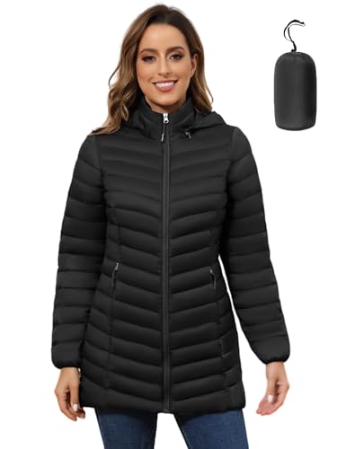 ROYAL MATRIX Women's Packable Puffer Jacket - Lightweight Winter Warm Long Quilted Puffer Coat with Detachable Hood