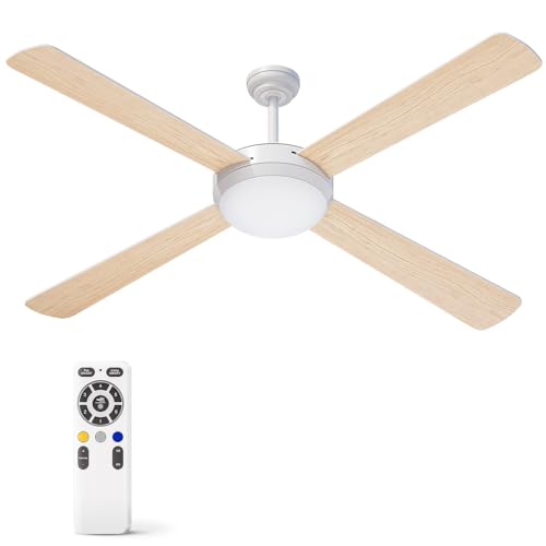 Ventilador de techo con luz y mando, 4 aspas de madera natural bicolor, ventiladores de techo con luz silenciosos y reversibles, LED regulable, 6 velocidades, temporizador, lampara ventilador.