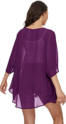 Image of Indian Trendy Women's Solid Puff Sleeve Kimono Cardigan Loose Cover Up Casual Blouse Top Chiffon