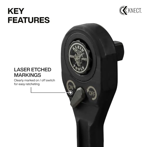 Image of KLEIN TOOLS 65408ADP KNECT (M) Pass Through Ratchet and 3 /8-Inch Socket Adapter Set, 90-Tooth Wrench for Extended Threaded Rods, Compact and Comfortable Grip, Traditional Socket Compatibility