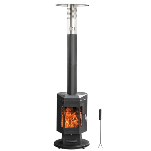 ONLYFIRE OUTDOOR LIVING 80' Premium Wood Pellet Patio Heater with Glass Window, Portable Pellet Heater with Wheel, Modern Fire Pit for Patio Backyard Garden Villa Outdoor Restaurant, 70,000BTU, FP058