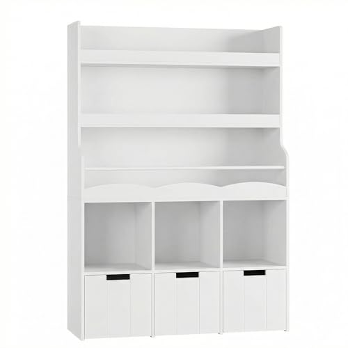 HITHOS 55.3' H Open Bookshelf with Cube Storage Organizer, Tall Book Shelf with 3 Movable Storage Bins, Large Bookcase with Removable Chest, 39.2' W Modern Storage Organizer for Living Room, White