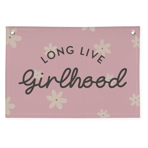 Image of Long Live Girlhood Linen Banner Hanging Pink Flag Flower Banner for Nursery Playroom Wall Decor for Kids Bedroom Living Room Dorm Toddler Decorations Trendy Room 30x20 In (Girlhood)