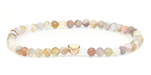 Bracelet en agate botswana véritable pierre précieuse avec perles à facettes de 4mm et cœur en acier inoxydable - différentes longueurs - bracelet en...