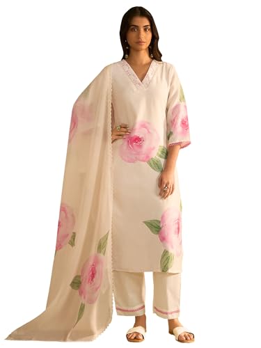 Image of INDO ERA Women's Straight Linen Floral Print Sequins work Kurta Pant with Dupatta Set