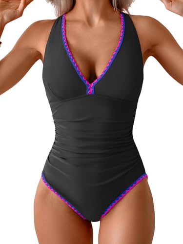 Image of B2prity One Piece Swimsuit for Women Tummy Control Ruched Bathing Suit Push Up Tie Back Swimwear Shell Stitched