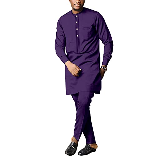 SEA&ALP African Men's Formal Clothes Dashiki Shirt and Pant Two Piece Suit Traditional Long Sleeve Outfits Bright Purple T40 Large