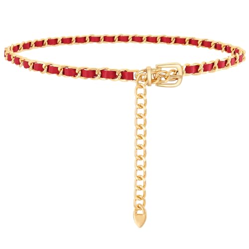 WHIPPY Metal Chain Waist Belt for Women Adjustable Leather Link Chain Belts for Dresses Jeans