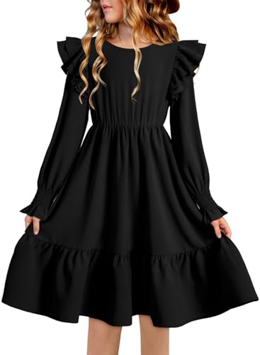 blibean Teen Girls Dress Kids Double Ruffle Long Sleeve Smocked Dresses Size 6-15 Years