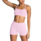 IMEKIS Workout Sets for Women: Cute 2 Piece Yoga Outfit Matching Clothing Tracksuits High Waisted Running Biker Shorts with Sport Bra Exercise Clothes Athletic Gym Active Wear # Light Pink Small