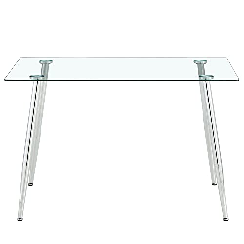 51" Glass Dining Table For 4, Modern Rectangular Kitchen Table With Spacious Tempered Glass Tabletop And Metal Legs, Dinner Table Dining Room Table For Small Spaces, Kitchen, Easy Assembly #TOP7