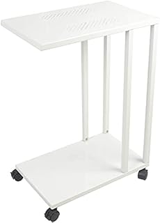 H JINHUI Snack Side Table, C Shaped End Table for Sofa Couch and Bed, 2 Tiers Coffee Table with Wheels (White)