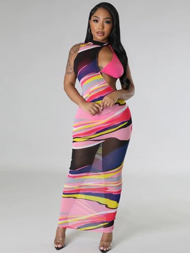 Image of Women's Sexy Swimsuit 3 Piece Thong Bikini Set Triangle Halter Bathing Suit Sheer Mesh Beach Cover Up Maxi Dress