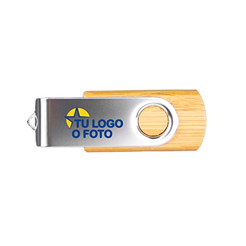 USB Personalizado con Foto, Logo o Texto a Todo Color· Memoria de 16GB en Madera bambú y Clip metálico · Mecanismo Giratorio · Ideal para Empresas, Bodas, bautizos, comuniones...…
