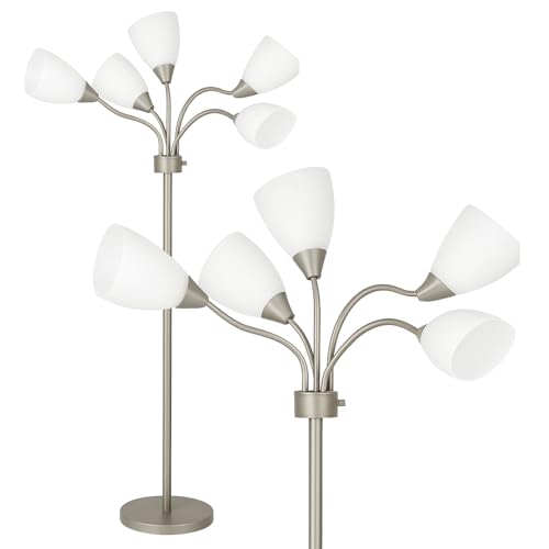 LIGHTACCENTS Medusa 5-Light Floor Lamp Silver Multi-Head Standing Lamp w/ 5 Adjustable White Acrylic Shades for Bedroom Living Room Office Requires E12 Candelabra-Base LED Bulbs