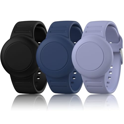 3 Pack Waterproof Air Tag Bracelet for Kids Soft Silicone Air tag Holder for Apple AirTag (2nd Gen & 1st) Adjustable Anti Lost Watch Band for Kids 3 Years Old and up (Black/Navy Blue/Bluegrey)