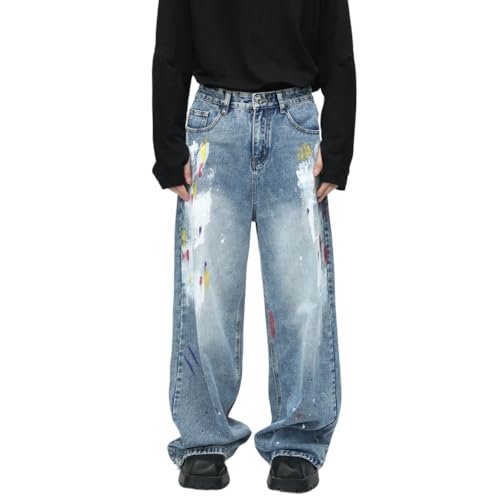 XYGJZ Men Wide Leg Paint Splatter Jeans Baggy Loose Hip Pop Denim Pants