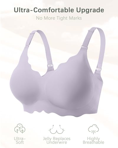 Image of Seamless Jelly Bras for Women No Underwire Push Up Bra Full Coverage V-Neck Wirefree Bralettes Soft T-Shirt Everyday Bra, Purple, 3X-Large