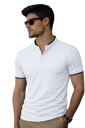 Image of Dagcros Men Polo T-Shirt, with White Trim, Short Sleeve, Button Collar Tshirt for Mens