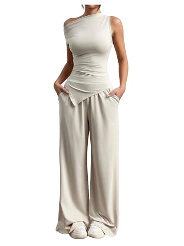 SOLY HUX Women's 2 Piece Going Out Outfits Sleeveless Asymmetric Tops and Wide Leg Pants Summer Sets