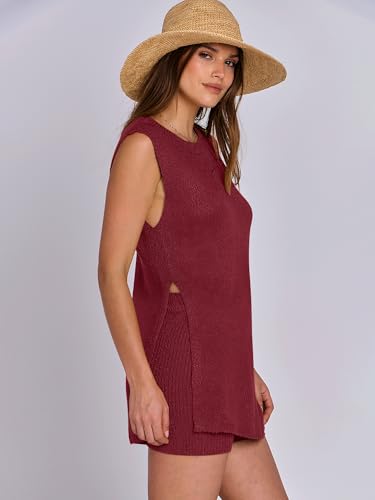 Image of ANRABESS Women Summer 2 Piece Outfits Sleeveless Knit Sweater Top & Shorts Soft Lounge Sets Travel Beach 2026 Spring Clothes Burgundy Small