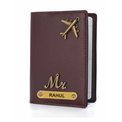 Image of ncgifts Personalised Leather Passport Holder with Custom Name & Charm - Handcrafted Travel Wallet Cover for Men & Women - Brown Genuine Leather Gift Set