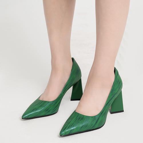 Women's Kitten Chunky Medium Heel Slip-On Pointed Toe Pumps Shoes Party Wedding Office Green3
